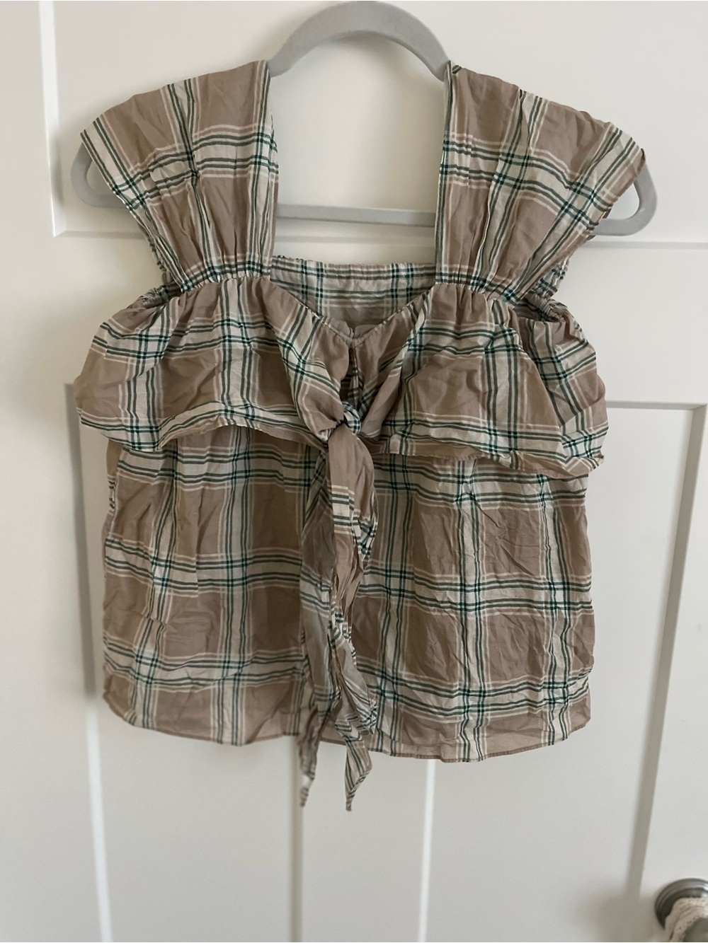 Women’s Plaid Tie-Front Top in Beige